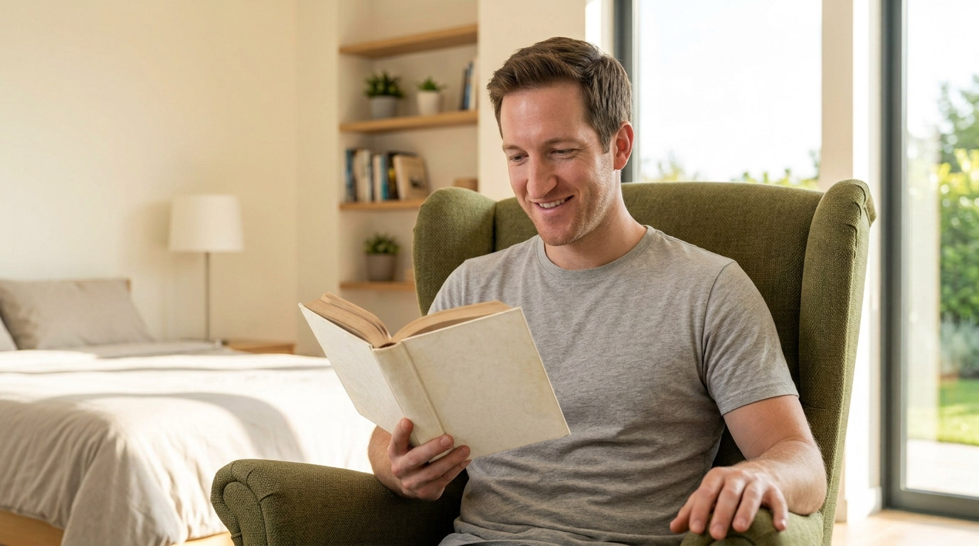 Пациент  читает книгу при реабилитации игроманов